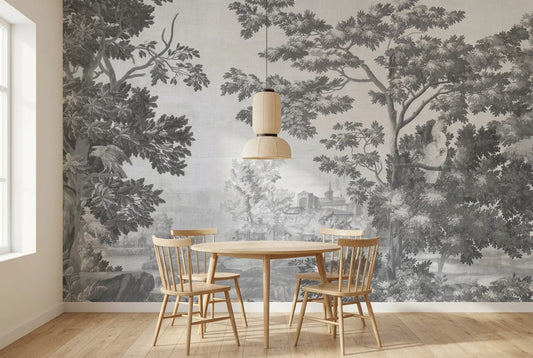 Papel tapiz Tapestry Gris instalado en un comedor luminoso