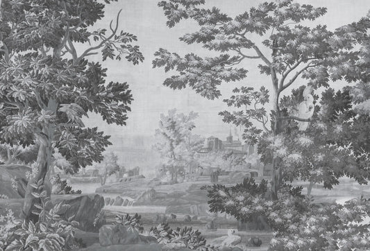 Papel tapiz mural con paisaje clásico de bosque y aves en escala de grises estilo tapiz