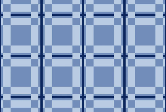 Papel tapiz con patrón geométrico de cuadros estilo tartán en tonos azul celeste, grisáceo y líneas azul marino.