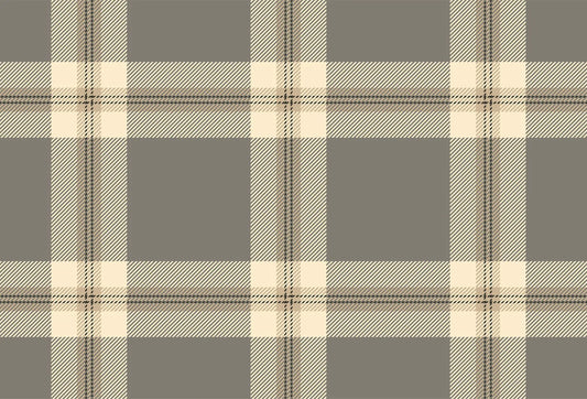 Papel tapiz con patrón de cuadros tartán escocés en tonos gris cálido, beige y crema.