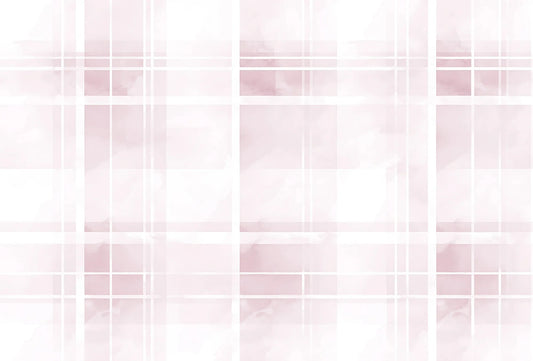 Papel tapiz con diseño de cuadros tartán estilo acuarela en tonos rosa suave y blanco.