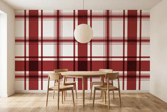 Papel tapiz Tartán Borgoña instalado en un comedor luminoso