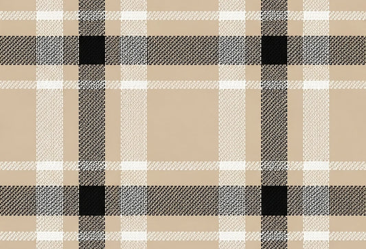 Papel tapiz con diseño escocés tartán en tonos beige camel, franjas negras y líneas blancas tejidas.