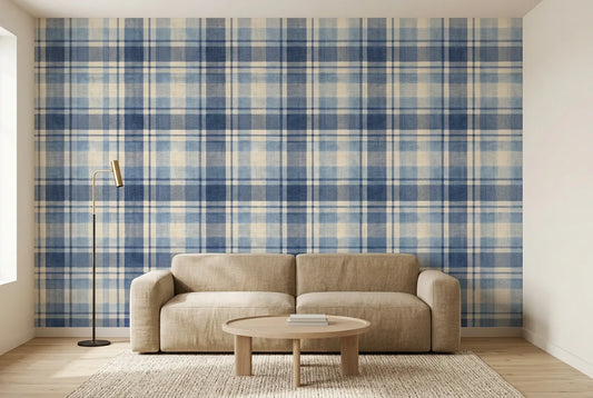 Papel tapiz Tartán Denim instalado en una sala de estar minimalista