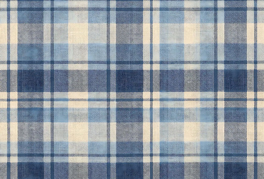 Papel tapiz con patrón tartán escocés en tonos azul índigo, celeste y crema con efecto textil.