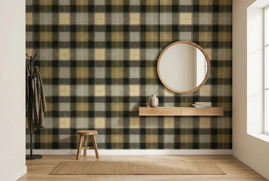 Papel tapiz Tartán Edimburgo instalado en un recibidor de estilo nórdico