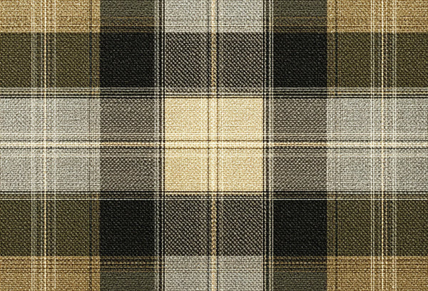 Papel tapiz con patrón de cuadros tartán escocés en tonos verde oliva, camel, gris y textura de tela.