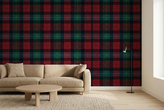Papel tapiz Tartán Highland Empapelados y Patrones instalado en una sala de estar minimalista