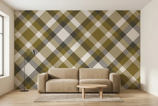 Papel tapiz Tartán Highland III instalado en una sala de estar minimalista