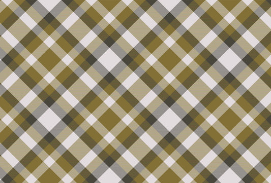 Papel tapiz con patrón tartán escocés en rombos diagonales tonos mostaza, gris y beige.