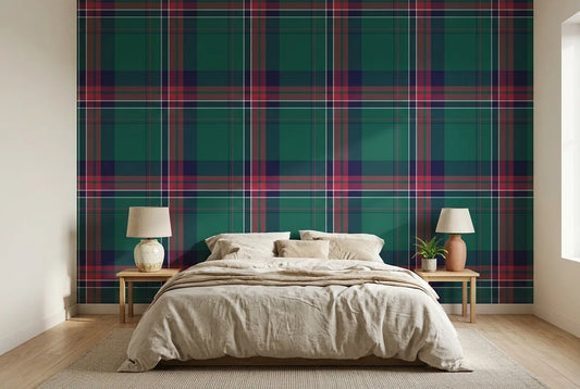 Papel tapiz Tartán Highland IV instalado en un dormitorio sereno