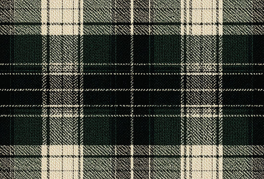 Papel tapiz con diseño clásico de tartán escocés en tonos verde bosque, negro y crema con textura textil