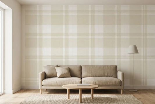 Papel tapiz Tartán Linen instalado en una sala de estar minimalista