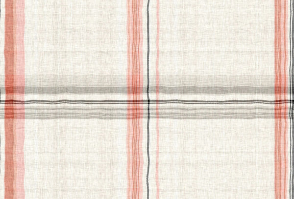 Papel tapiz con diseño de tartán estilo lino en líneas coral, rosa y gris sobre fondo marfil.