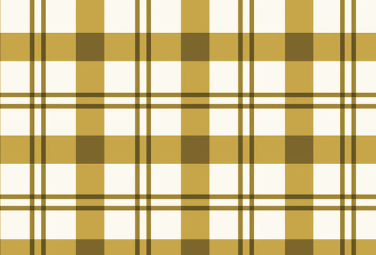 Papel tapiz con diseño de cuadros tartán en tonos mostaza y marrón sobre fondo blanco crema
