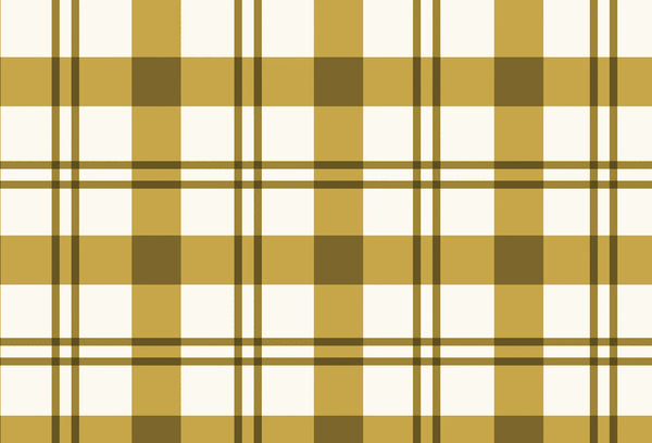 Papel tapiz con diseño de cuadros tartán en tonos mostaza y marrón sobre fondo blanco crema