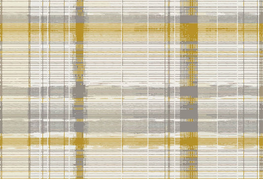 Papel tapiz con diseño de tartán a cuadros texturados en tonos amarillo mostaza, gris y crema sobre pared.