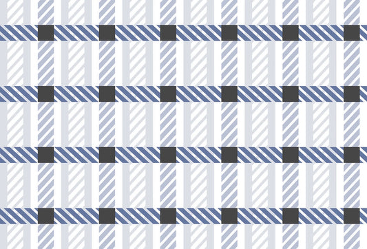 Papel tapiz con patrón geométrico de tartán en tonos azul acero, gris carbón y blanco