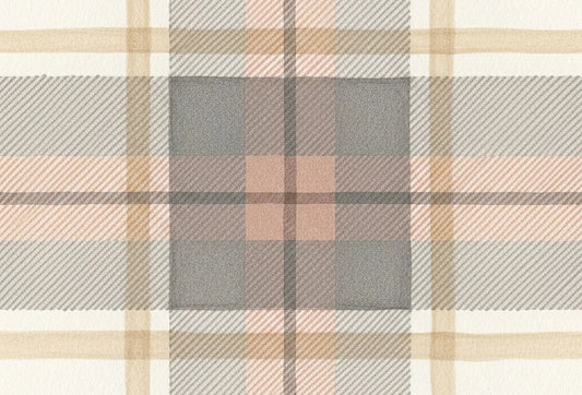 Papel tapiz con diseño de cuadros estilo tartán en tonos beige, gris y rosa suave con textura tejida.