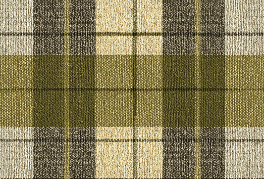 Papel tapiz con diseño clásico de tartán escocés en tonos verde oliva, beige y carbón con textura textil.