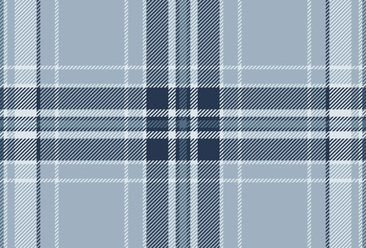 Papel tapiz con diseño clásico de tartán a cuadros en tonos azul acero, marino y blanco.