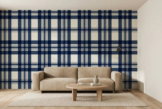 Papel tapiz Tartán Oxford V instalado en una sala de estar minimalista