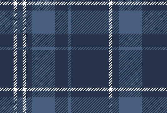 Papel tapiz con diseño de cuadros tartán escocés en azul marino, azul acero y líneas blancas diagonales