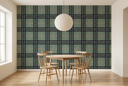 Papel tapiz Tartán Sage instalado en un comedor luminoso