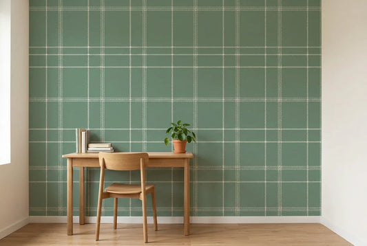 Papel tapiz Tartán Sage Empapelados y Patrones instalado en un espacio de trabajo en casa