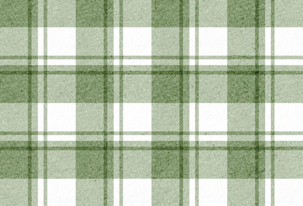 Papel tapiz con diseño de patrón tartán a cuadros en tonos verde salvia, oliva y blanco con textura suave.