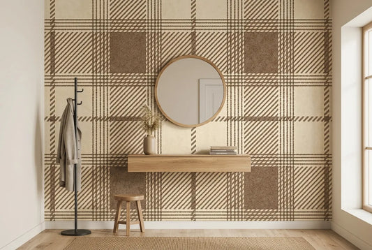 Papel tapiz Tartán Sienna instalado en un recibidor de estilo nórdico