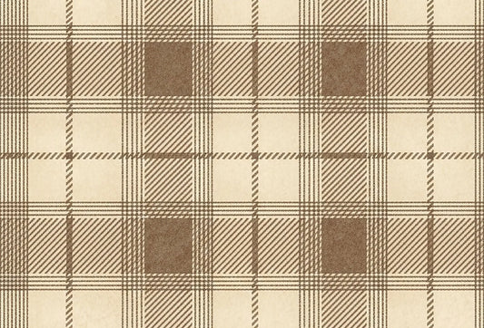Papel tapiz con patrón tartán escocés en tonos beige, crema y marrón suave con textura textil