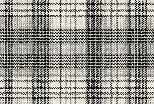 Papel tapiz con diseño de cuadros tartán en tonos gris, negro y blanco con textura textil tipo tweed.