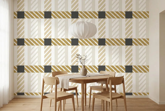 Papel tapiz Tartán Vintage instalado en un comedor luminoso