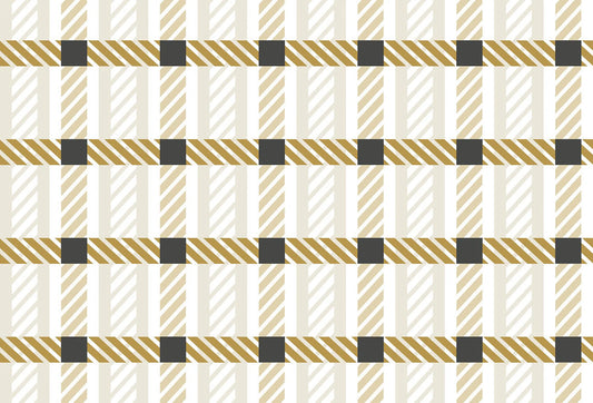 Papel tapiz con patrón geométrico estilo tartán en mostaza, beige y gris carbón sobre fondo claro.