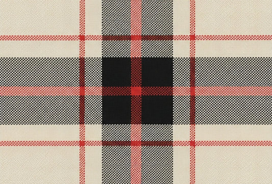 Papel tapiz de diseño tartán escocés con textura textil en tonos beige, negro y líneas rojas