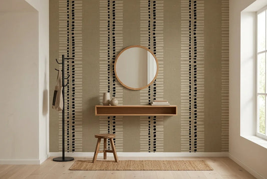 Papel tapiz Telar Beige instalado en un recibidor de estilo nórdico