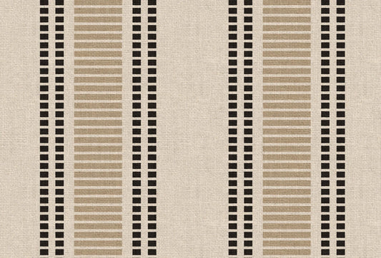 Papel tapiz con diseño de telar moderno que muestra líneas de cuadrados negros y franjas beige sobre fondo texturizado.