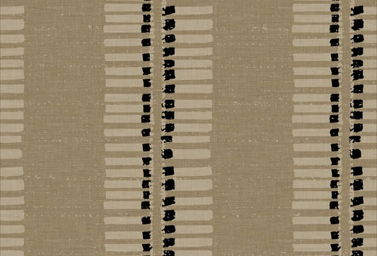 Papel tapiz con diseno textil geometrico en tonos beige, crema y negro con textura de lino