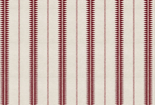 Papel tapiz con franjas verticales y patrones geométricos dentados en color borgoña sobre fondo marfil.