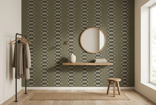 Papel tapiz Telar Dark instalado en un recibidor de estilo nórdico