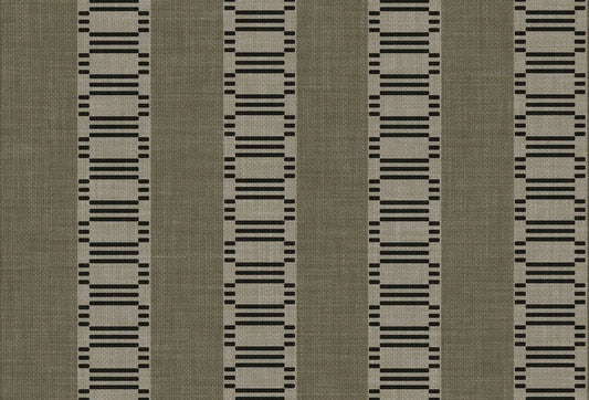 Papel tapiz con franjas verticales y motivos geométricos estilo telar en tonos verde oliva, beige y negro.