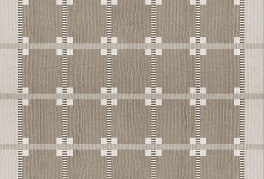 Papel tapiz con patrón geométrico estilo telar en tonos greige, beige y blanco hueso.