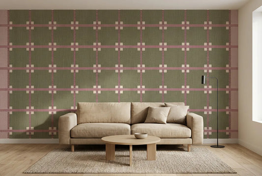 Papel tapiz Telar Rosa instalado en una sala de estar minimalista