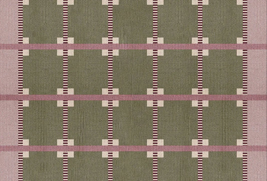 Papel tapiz con diseño geométrico texturizado tipo telar en tonos verde oliva, rosa suave y detalles en guinda