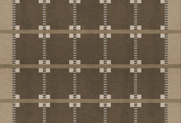 Papel tapiz con diseño geométrico de cuadrícula textil en tonos marrón sepia y beige cálido.