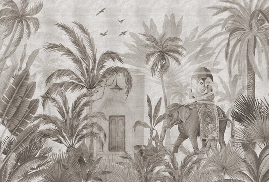 Papel tapiz mural estilo grabado vintage con elefante ceremonial, palmeras y templo en tonos sepia