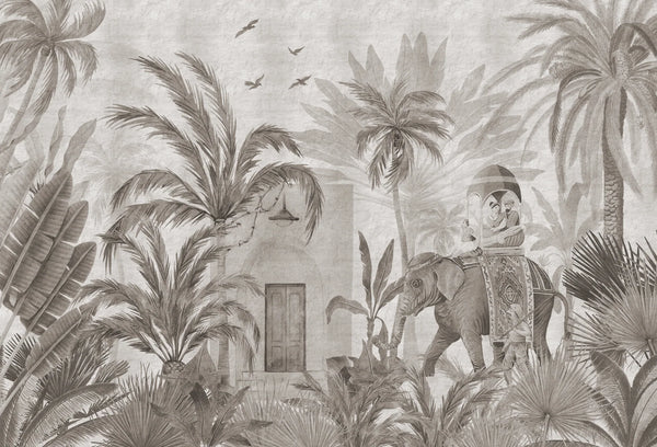Papel tapiz mural estilo grabado vintage con elefante ceremonial, palmeras y templo en tonos sepia