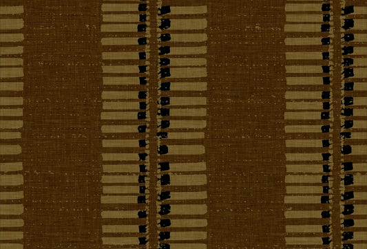 Papel tapiz con patrón étnico de franjas ocres y negras sobre fondo marrón tierra con textura