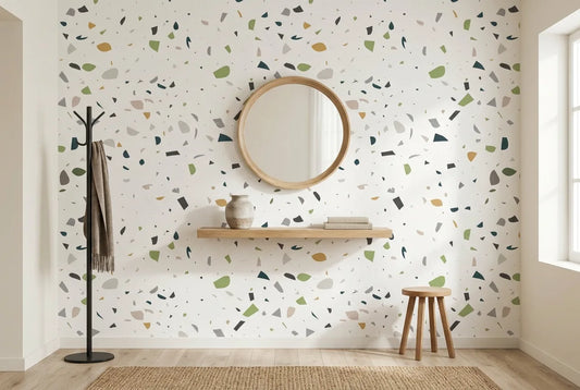 Papel tapiz Terrazo Bianco instalado en un recibidor de estilo nórdico